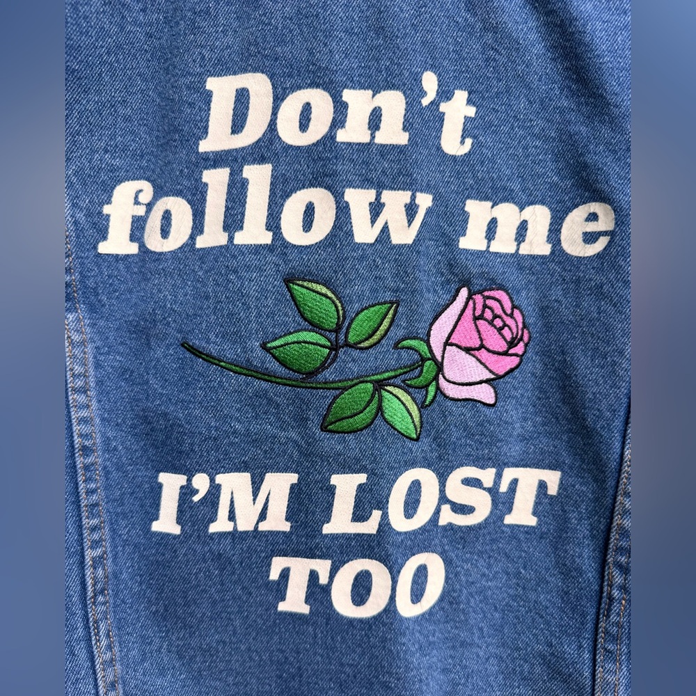 Rare Y2K  90s Vintage Vibes Denim Jacket Graphic Bomber Patchwork Varsity Medium - Picture 5 of 10